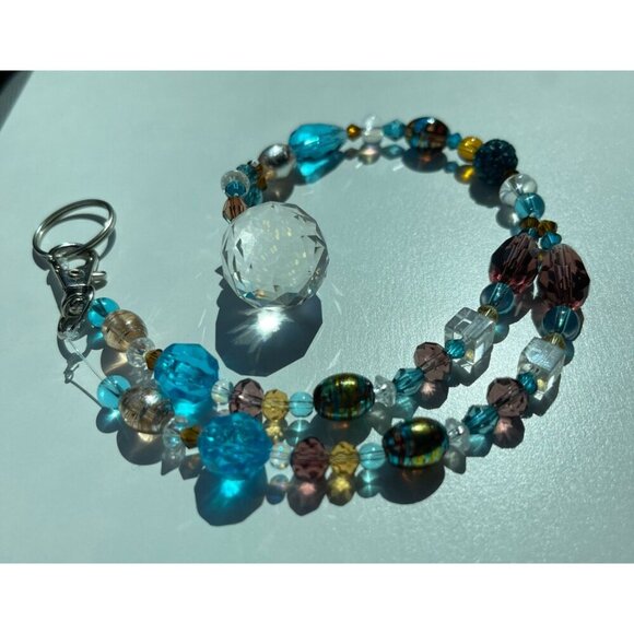 Beaded Suncatcher Rearview Mirror Ornament Blue Brown Crystal Prism Car Charm - Picture 8 of 10